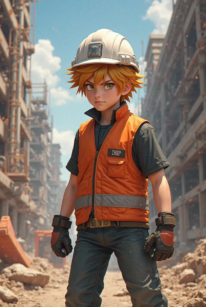 Bakugo at the work, with white safety helmet, and an orange safety vest