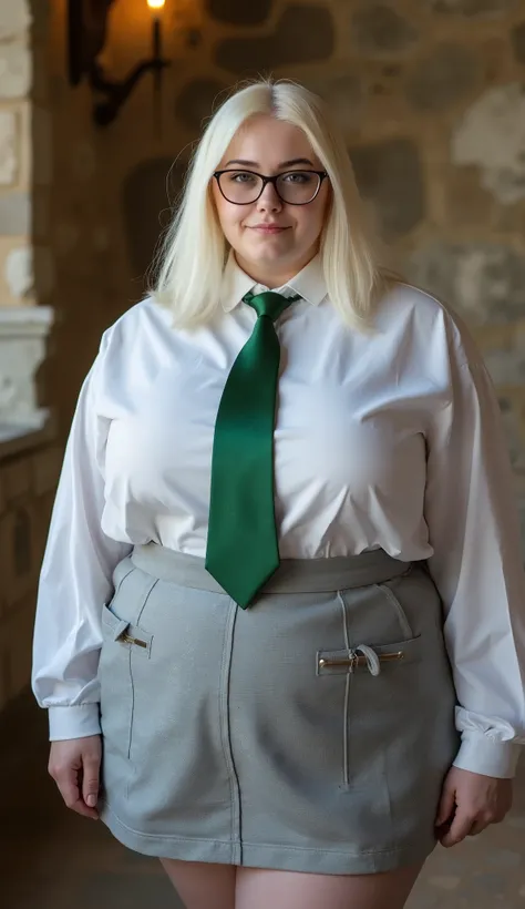Photo of a young fat fat woman with white blond straight shoulder-length hair. She is quite young. Has green eyes and glasses. She is wearing a white shirt with a green tie and a gray skirt. She is standing in a castle . She is fat and has wide arms. Plus...