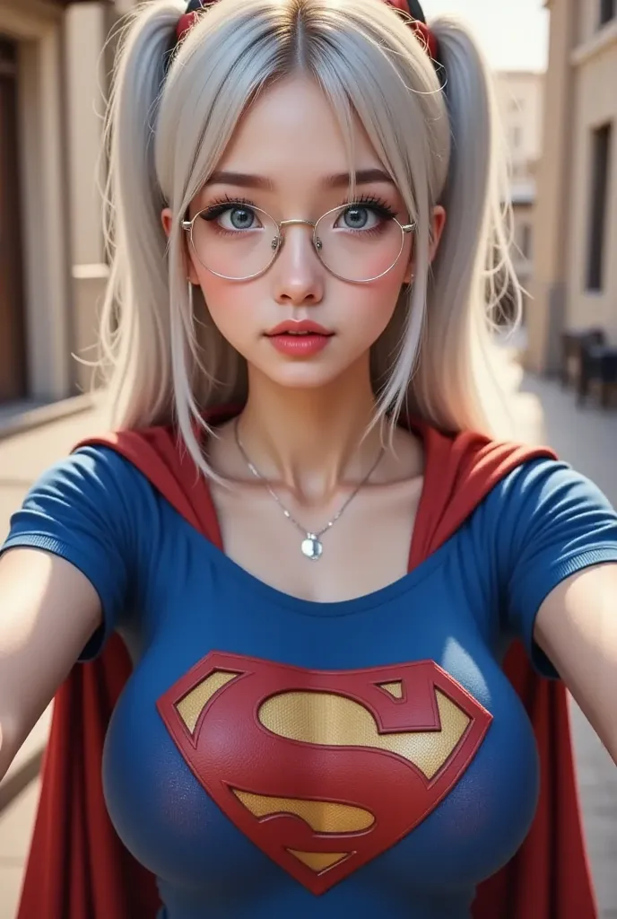 3D RENDERED, PHOTO REALISTIC. A SEXY CUTE ASIAN nerdy GIRL WITH LONG WAVEY WHITE HAIR AS SUPERMAN FLYING TAKING A SELFIE, HER BABY BLUE EYES GLISTENING IN THE SUNLIGHT, LARGE PERKY BREASTS, HAIR UP IN A ELEGANT FORM, GLASSES, WEARING A THICK BLUE SPANDEX S...