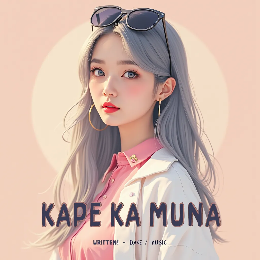 Make a poster for the song KAPE KA MUNA  and add the name of the kape ka muna and written by FRITZ write this also and write that music by  FRITZ make the poster like a KOREAN BEAUTIFUL GIRL FACING FRONT, SUNGLASSES , PINK shirt white jacket ,LONG STRAIGHT...