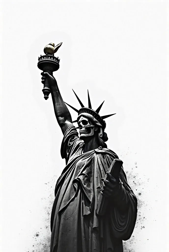 Statue of Liberty with the face of a skull, raising a crown, linear style in black and white 