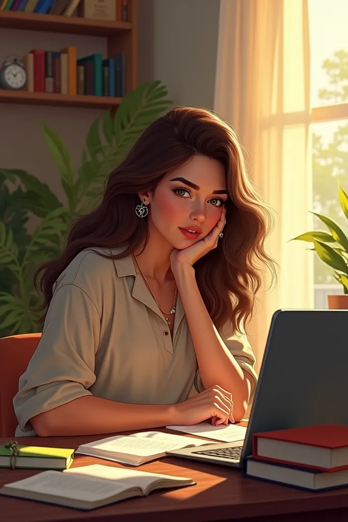 A young woman sitting at a cozy desk, surrounded by books, notebooks, and a laptop, deeply focused on learning something new. She has an expression of excitement and determination. Alternatively, another scene where she is trying a new hobby, like painting...