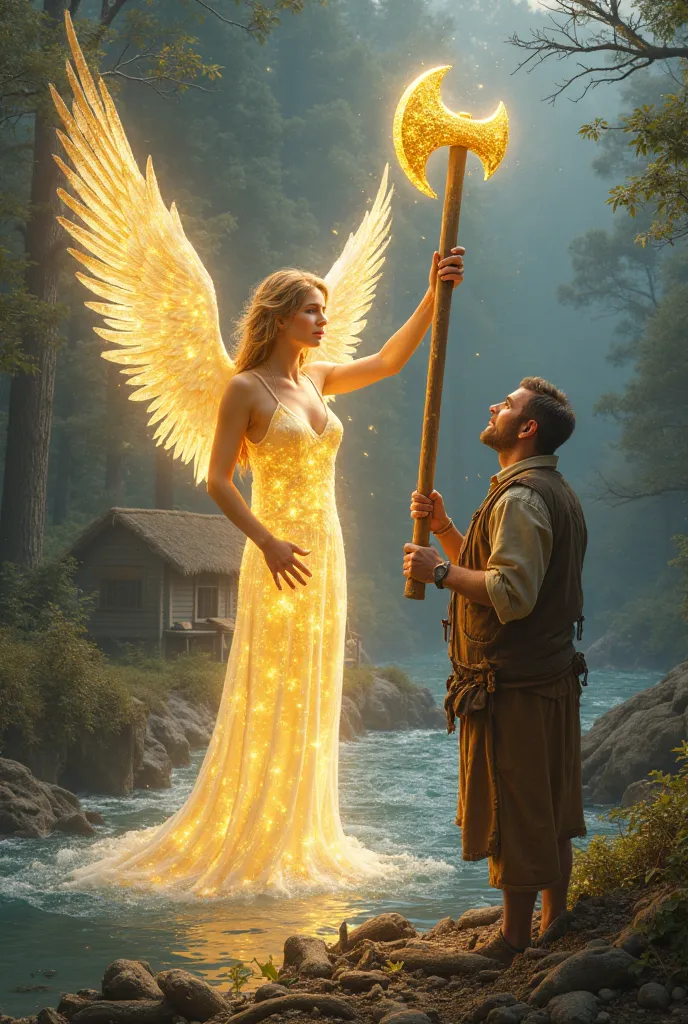 "A glowing angel holds up a golden axe from the river, showing it to the woodcutter. The woodcutter looks at it but shakes his head, honestly refusing, saying 'No, this is not mine.' "