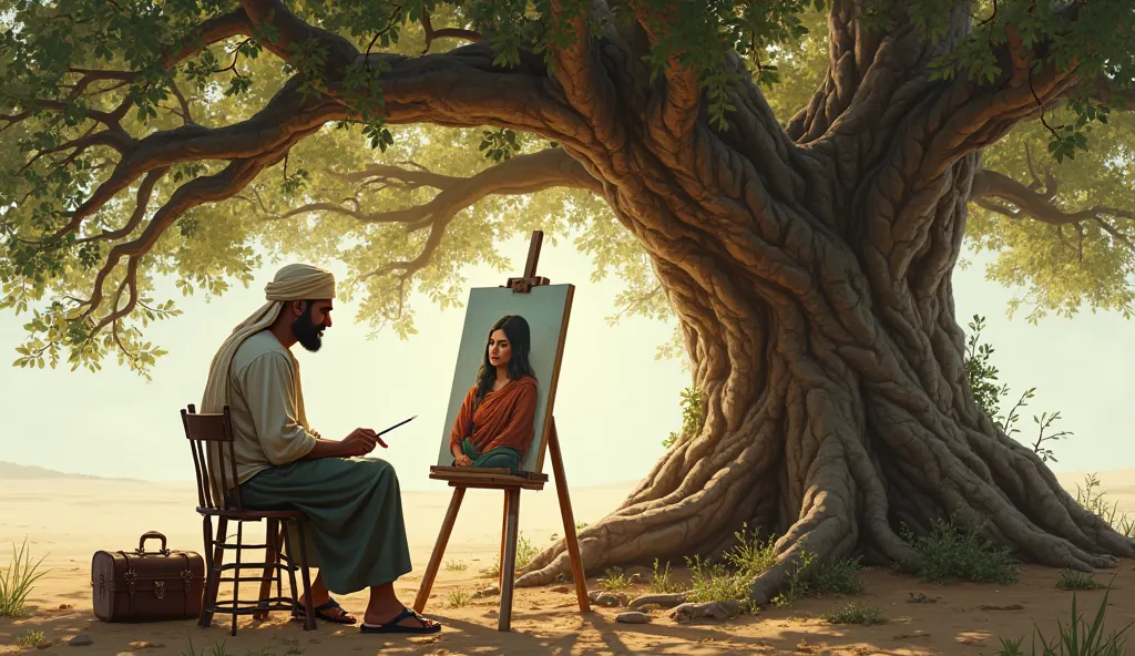 real and original image under the shade of a large, ancient tree, Rahim sits at his easel, intently painting Aisha’s portrait. Aisha sits gracefully on a wooden stool, her hands resting in her lap, her gaze soft and thoughtful. The tree’s branches stretch ...