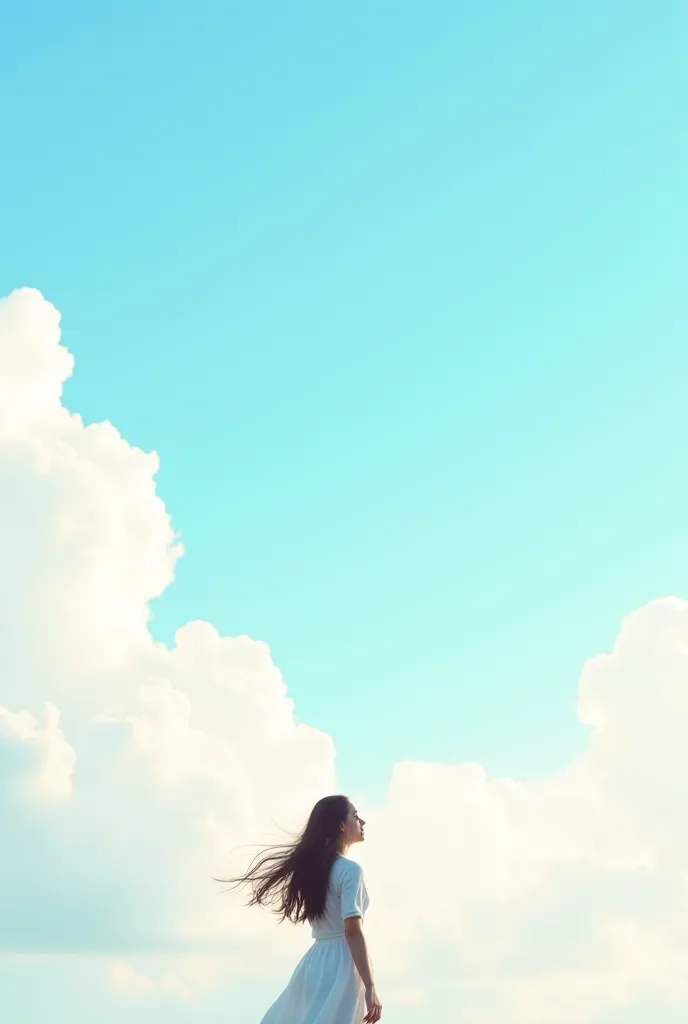 Prompt:
"Create a Wattpad-style book cover for the novel 'Beneath His Sky' by Ms. InkSmith. The cover should have a dreamy and romantic aesthetic. The background features a vast daytime sky with soft, fluffy clouds in shades of light blue and white. A youn...