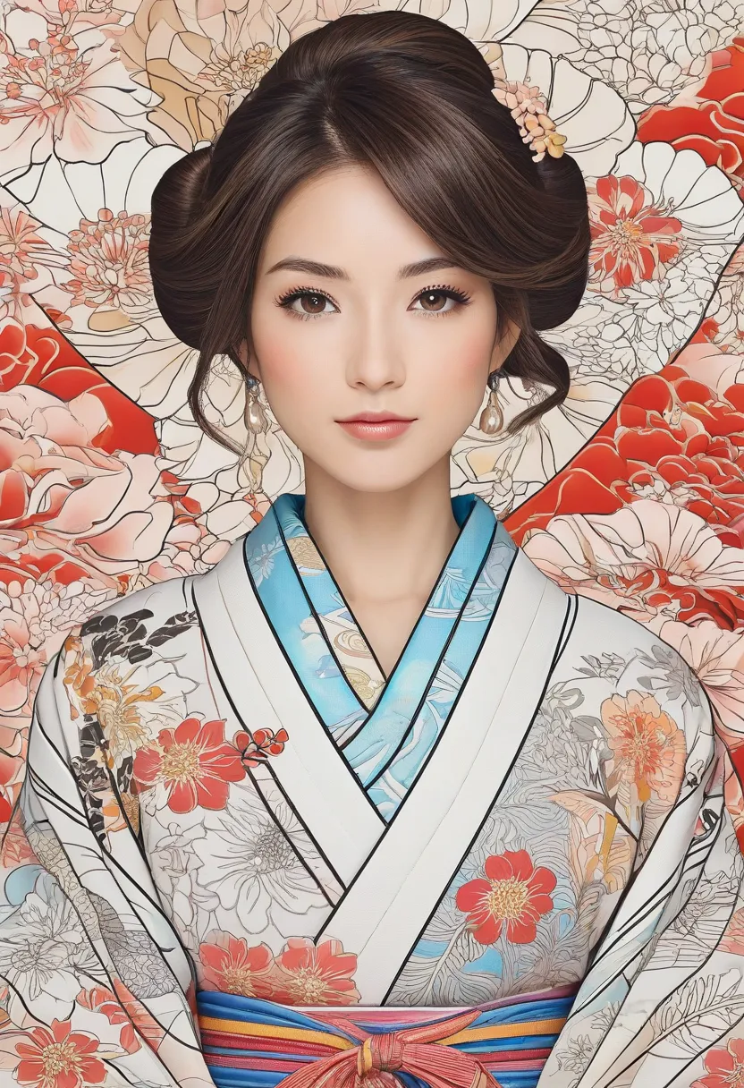 Generate a coloring book of a beautiful Japanese-style woman wearing a kimono. The woman is elegant and wears a kimono with a traditional Japanese pattern. The background should be simple and the woman should appear in the center. A pretty girl in an anime...