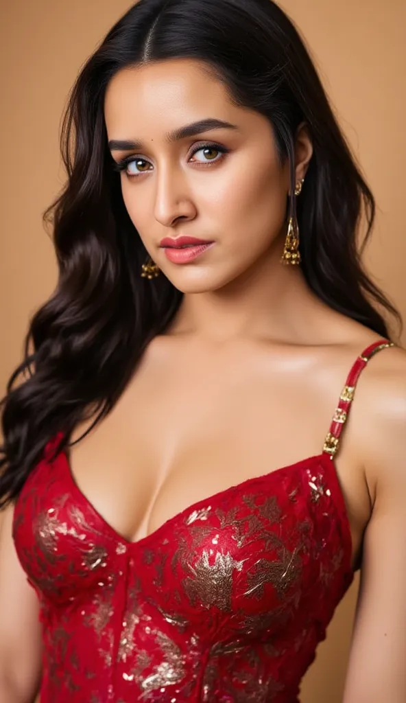 Generate a ultra realistic masterpiece close up front image of a woman in a maroon semi translucent sleeveless saree. The blouse is golden colour with mirror sequins. It has no sleeves and has a golden satin finish with spaghetti strap. One side of the blo...