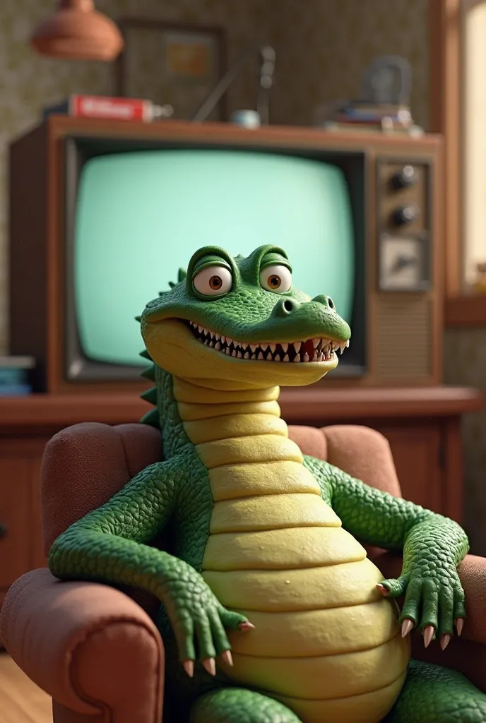 An animated crocodile in front of a television 