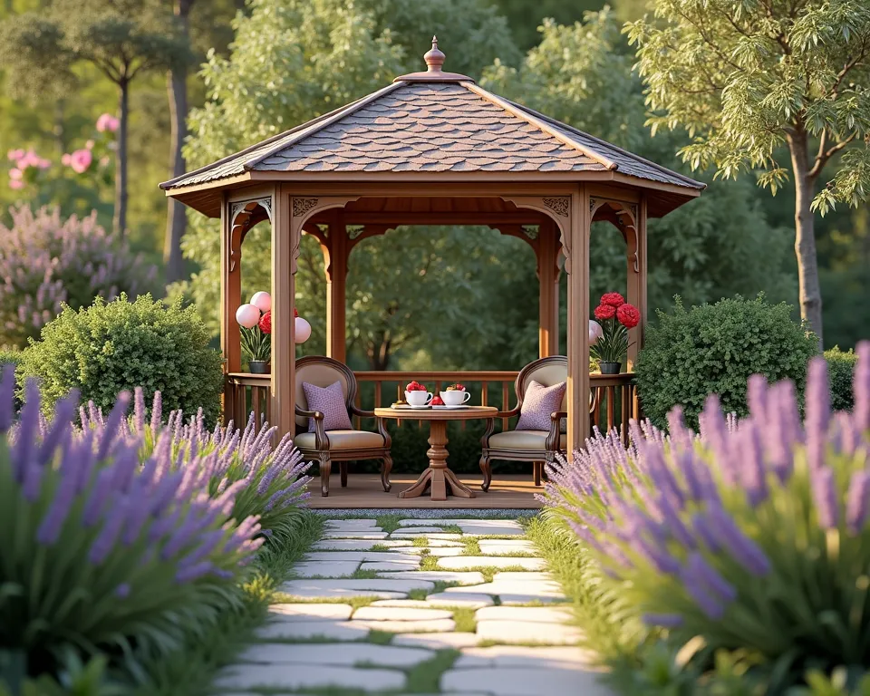 a beautifully crafted turkish-style gazebo, lush garden, lavender blooms, dense greenery, flowering bushes, 8K, high resolution, photorealistic, vivid colors, studio lighting, physically-based rendering, intricate details, serene, tranquil, elegant, warm c...