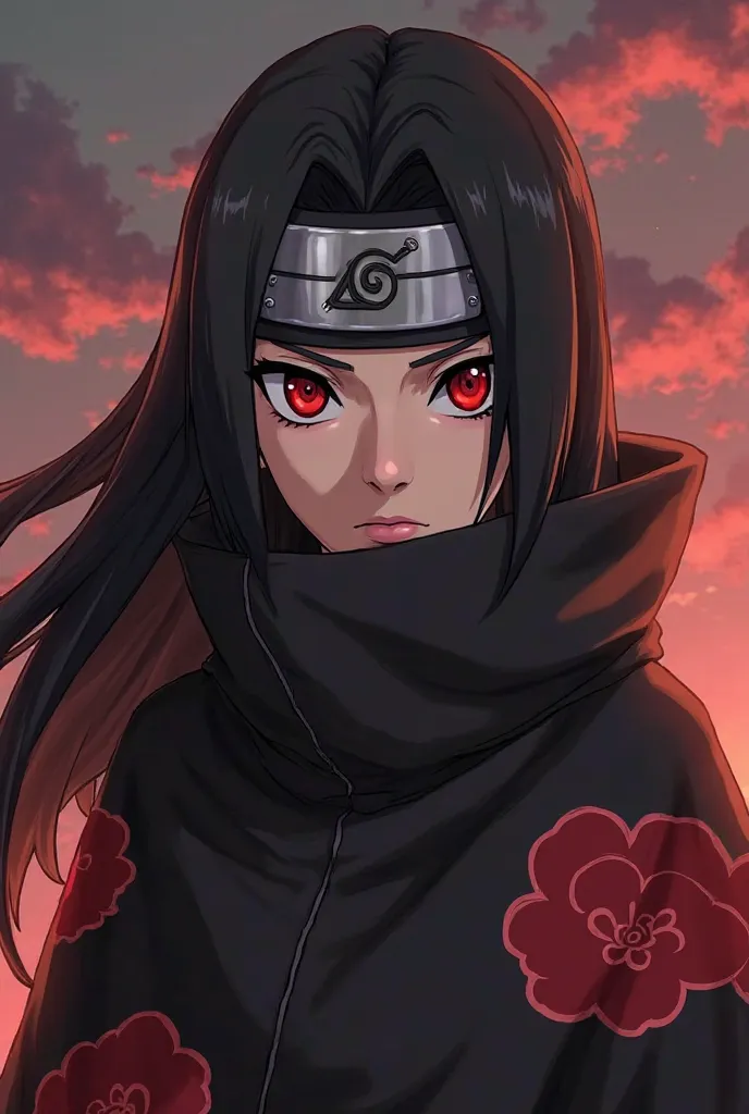 A grown up ninja women. Mangekyu Sharingan eyes. Long black straight hair. Sharp nose. Anti leaf headband wearing. Red clouds in Black cloak wearing. Angry-faced.  Looks like Naruto Shippuden anime character