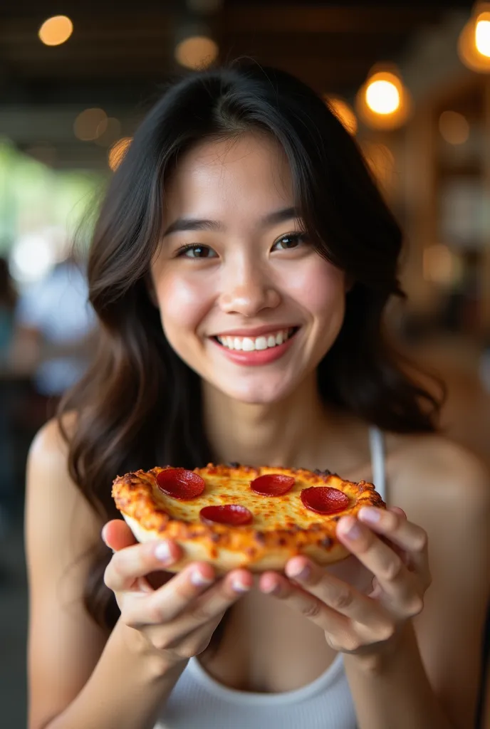 Thai woman, 19 years old,Pose for a photo,Eating pizza