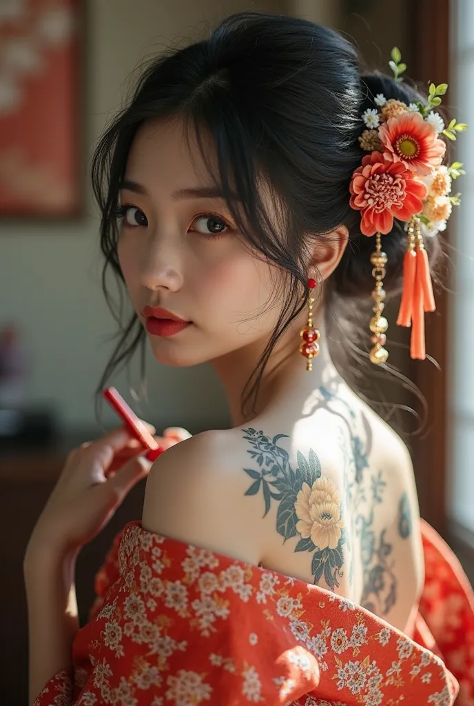 Dreamy photo, Taiwanese beauty (masterpiece, top quality, best quality, official art, beautiful and aesthetic: 1.2), 1woman, tattoo, alone, kimono, hair accessories, uncasing, black hair, casing, back tattoo, big black eyes, bare shoulders, bare shoulders,...