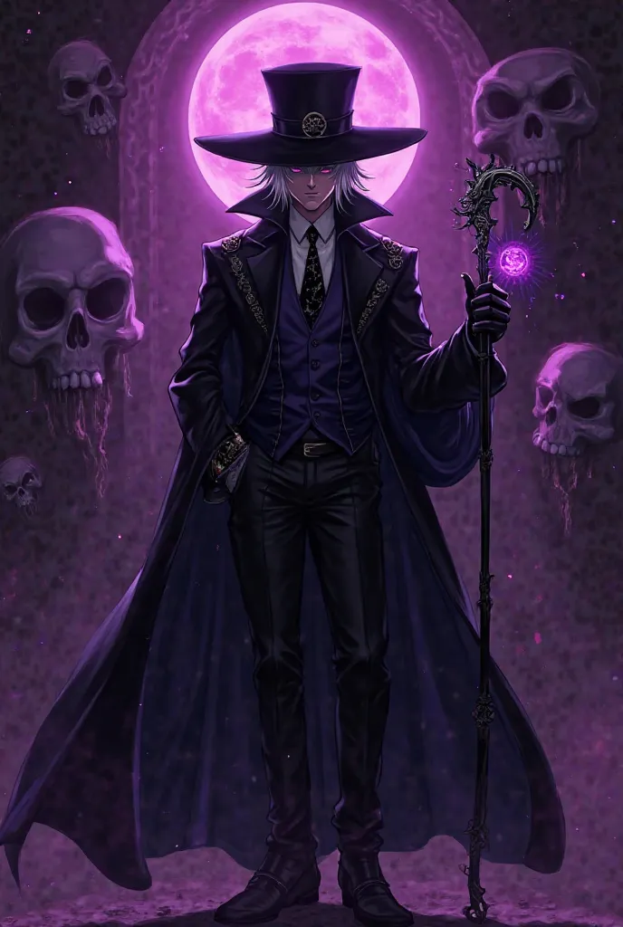 Anime style male necromancer dark aura with elegant costume and a cane with a very elegant and dark skull in the background shadows with skulls all purple based on the character Alastor from the series Hazbin Hotel