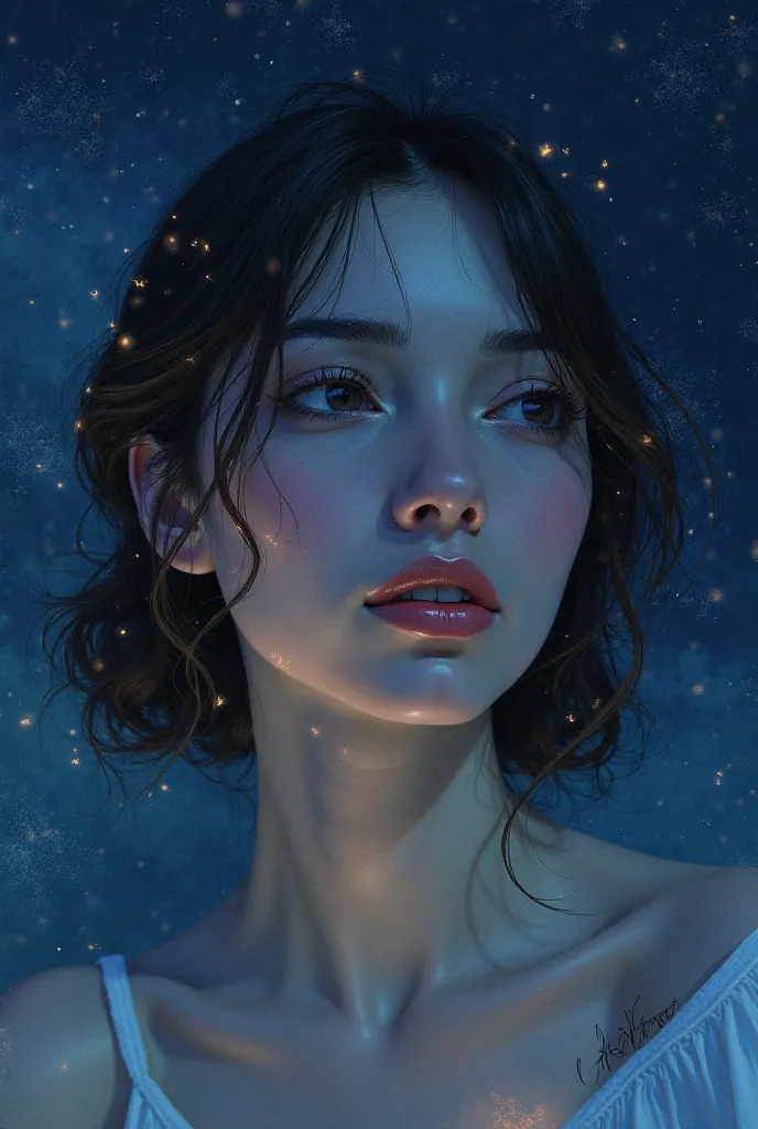 Portrait of an adult-like woman at night sky watercolor style