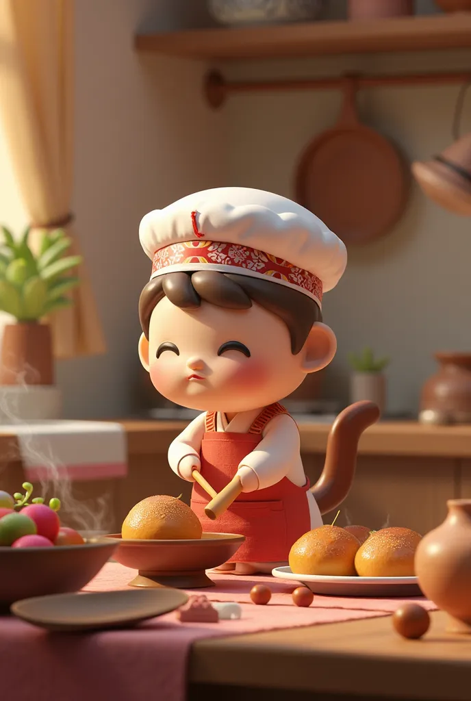 chibi cat cooking special iftar dishes, 8k, ultra-detailed, hyper-realistic, masterpiece, professional photography, studio lighting, HDR, bokeh, warm lighting, cozy kitchen interior, beautiful ceramic dishes, traditional middle eastern cuisine, steam risin...