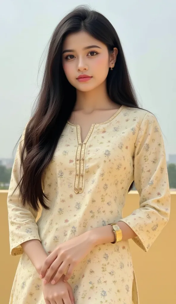 cute beauty 18 year old girl,she  with long black hair,she wearing a Indian short Kurti . She has inviting expression on her face, Her eyes are bright and her lips are slightly, She is standing  background ete wall sky  hands are clasped in front of her an...