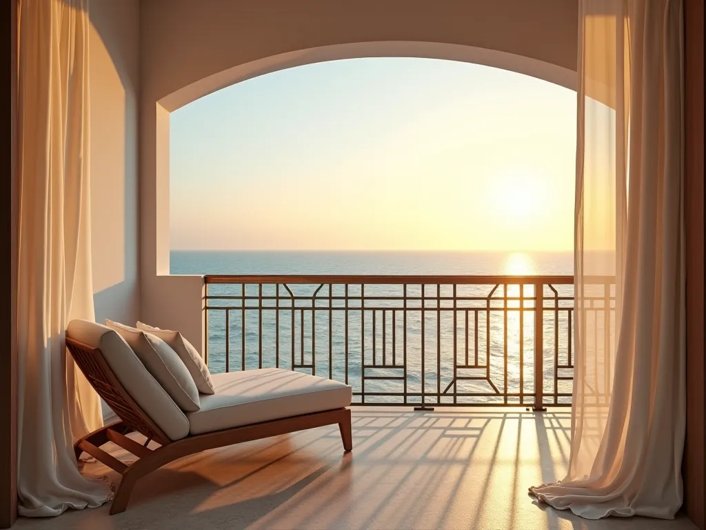 A serene hotel balcony with a cozy lounge chair, overlooking a vast ocean view, with a soft breeze and golden sunset hues.