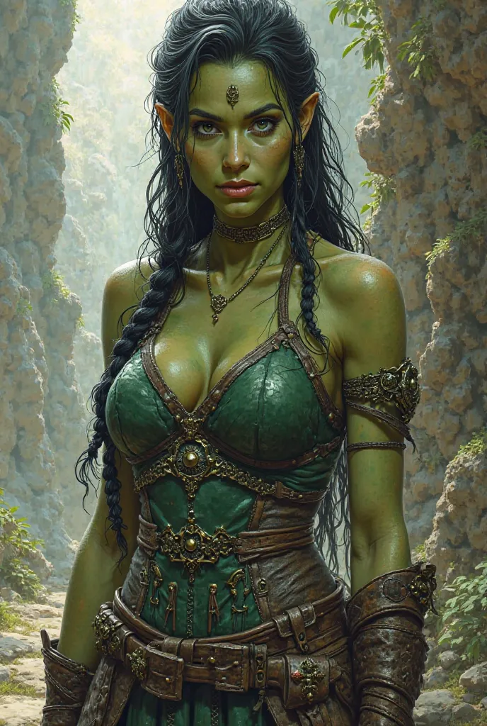 Traditional realistic illustration of an attractive orc woman,in green leather and with black hair brushed with Viking braids. Dressed in armor and holding a sword