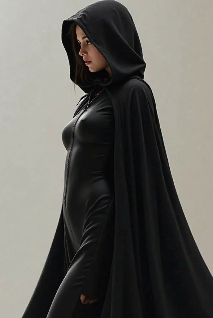 Wear her with a normal black cloak but attached to her body and shows his curves