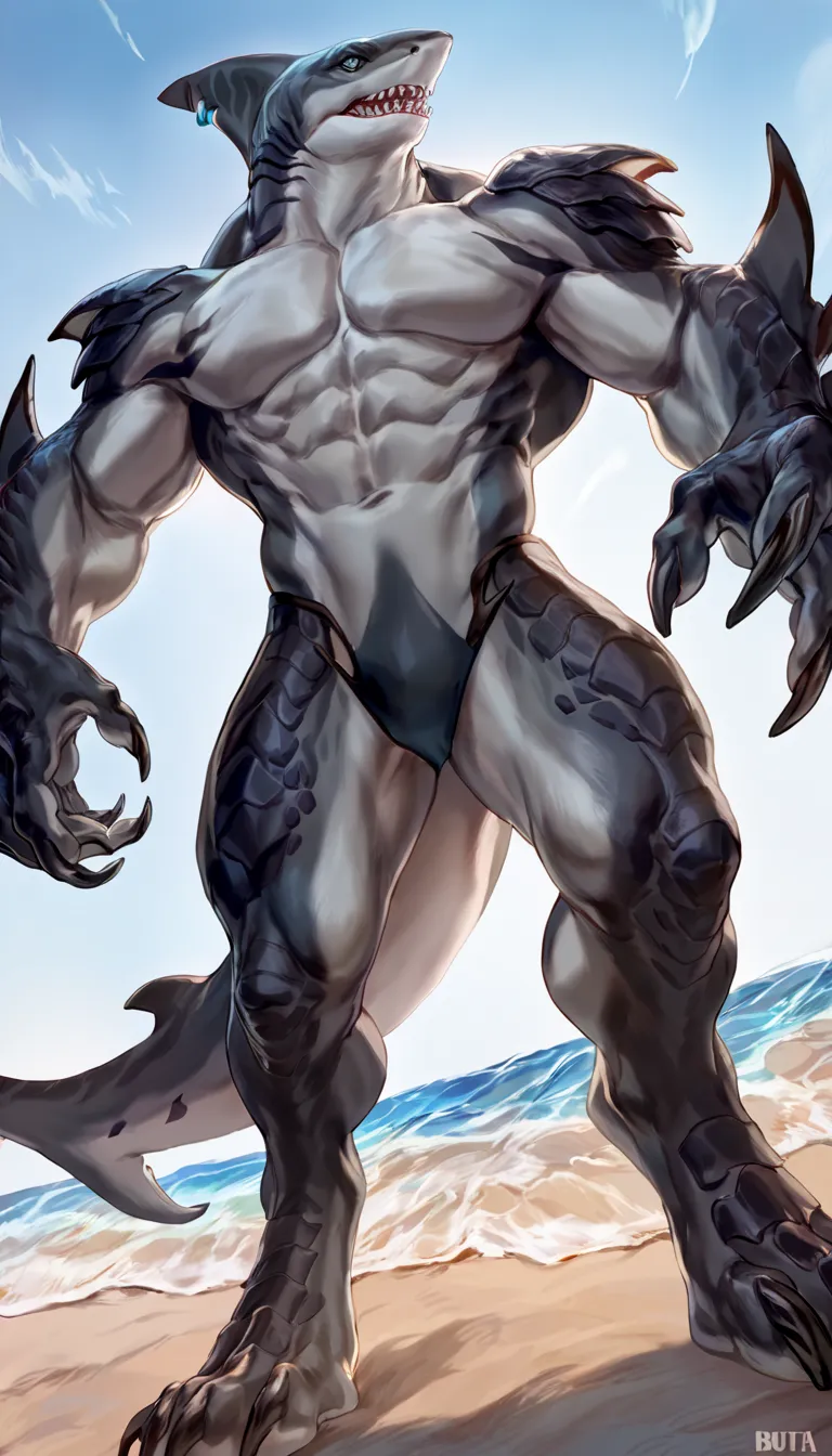 boy,shark, anthro shark, gray belly, black and blue hands and fins, black back, solo, big arms, koholasaurus from genshin impact, lizard shark hybrid, detailed scales, proporcional body, wide chest, wide neck, marked jaw, best quality, 4k, ultra-detailed, ...