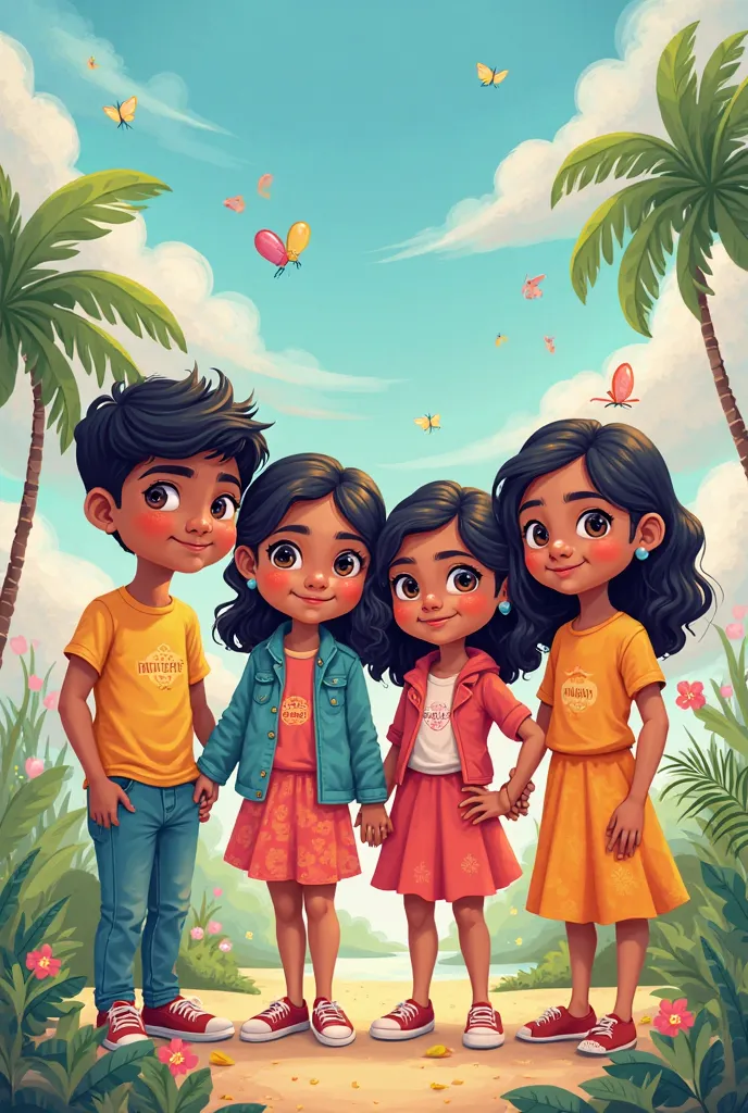 create a cute cartoon  of names chandanraj,praneetha,poorvika,deepthi, the names must be showed on them 