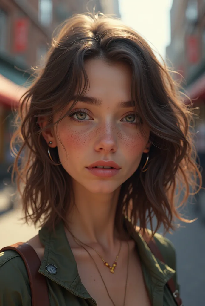 23 year old woman, brown shoulder-length hair,  gray eyes, freckles, New yorkin