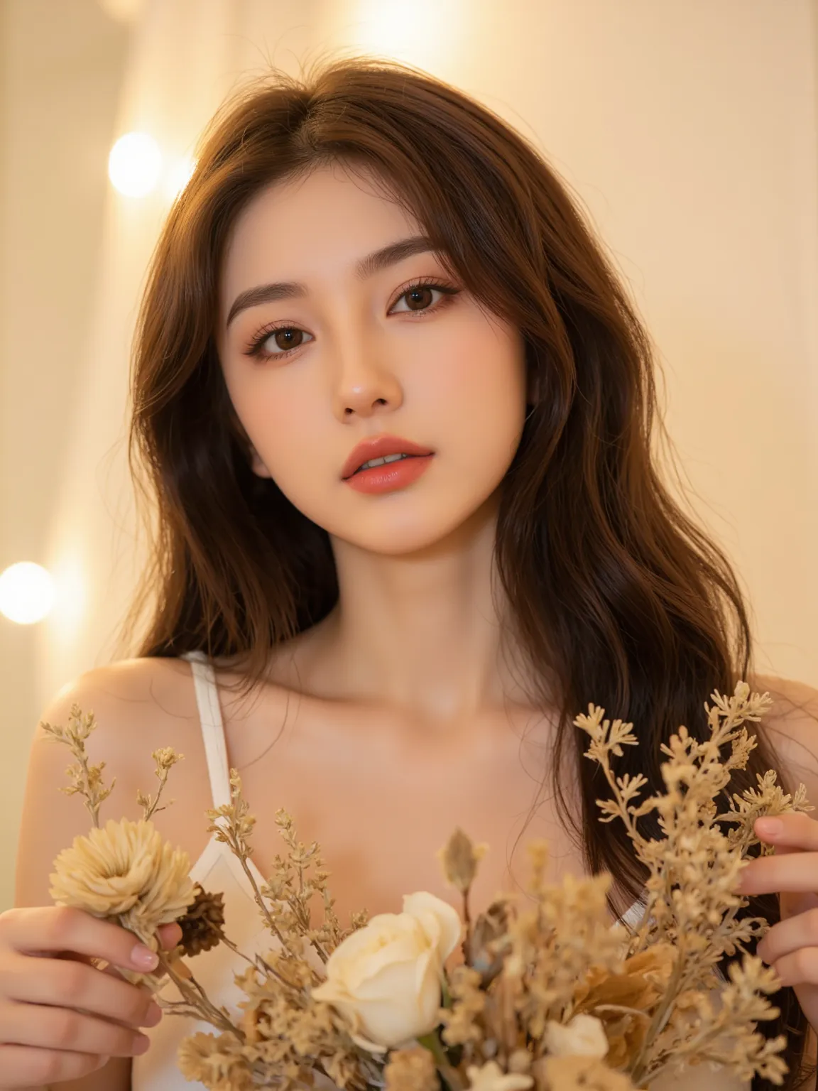 Portrait of a young woman elegant posing for a photograph. Use a warm, soft color palette. The woman has long, wavy dark brown hair that cascades over her shoulders, framing her face. She has an oval-shaped face, fair skin. Her gaze direct to the viewers w...