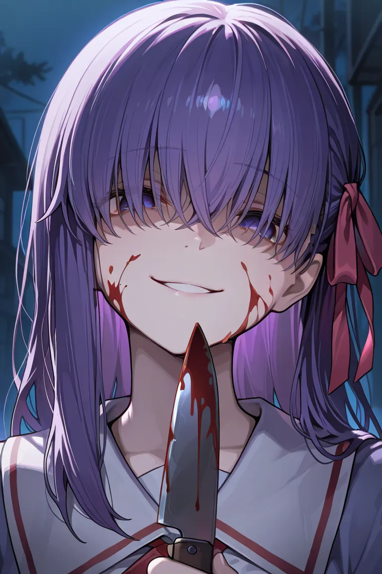 dark,night, straight-on, purple hair, evil smile, dark blue theme,
matou sakura, fainted, head tilt, portrait,
1girl, solo,, looking down, long bangs,hair over eyes, blood on face, holding knife, blood on knife,
,masterpiece,best quality,amazing quality,