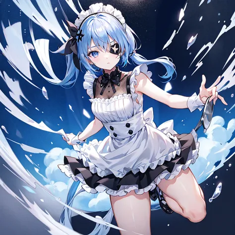 Azure Side Up Tail、Maid with a metal basket filled with white laundry、Black eyepatch on left eye、Alone、full body view、stylish game stand-up style anime style illustration、　black maid clothes that seem easy to move around