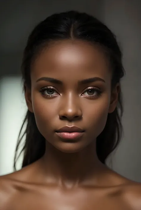a beautiful young black woman, 22 years old, with very light brown eyes, extremely pretty, delicate facial features, soft flowing hair, serene expression, upper body portrait, detailed realistic painting, intricate skin texture, studio lighting, vibrant co...