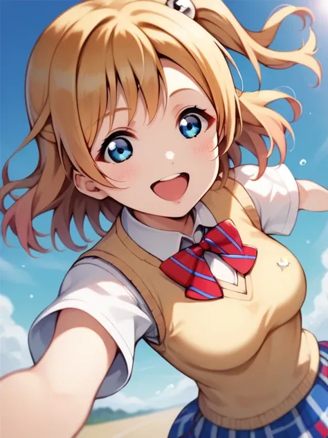 score_9, score_8_up, score_7_up, score_6_up, 8k, top quality, high detail, masterpiece, best quality,  source_anime, anime, detail eyes, (1 girl, love live_Honoka, sweater vest, Short sleeve, blue plaid skirt, red striped ribbon tie, chest, one side up,  y...