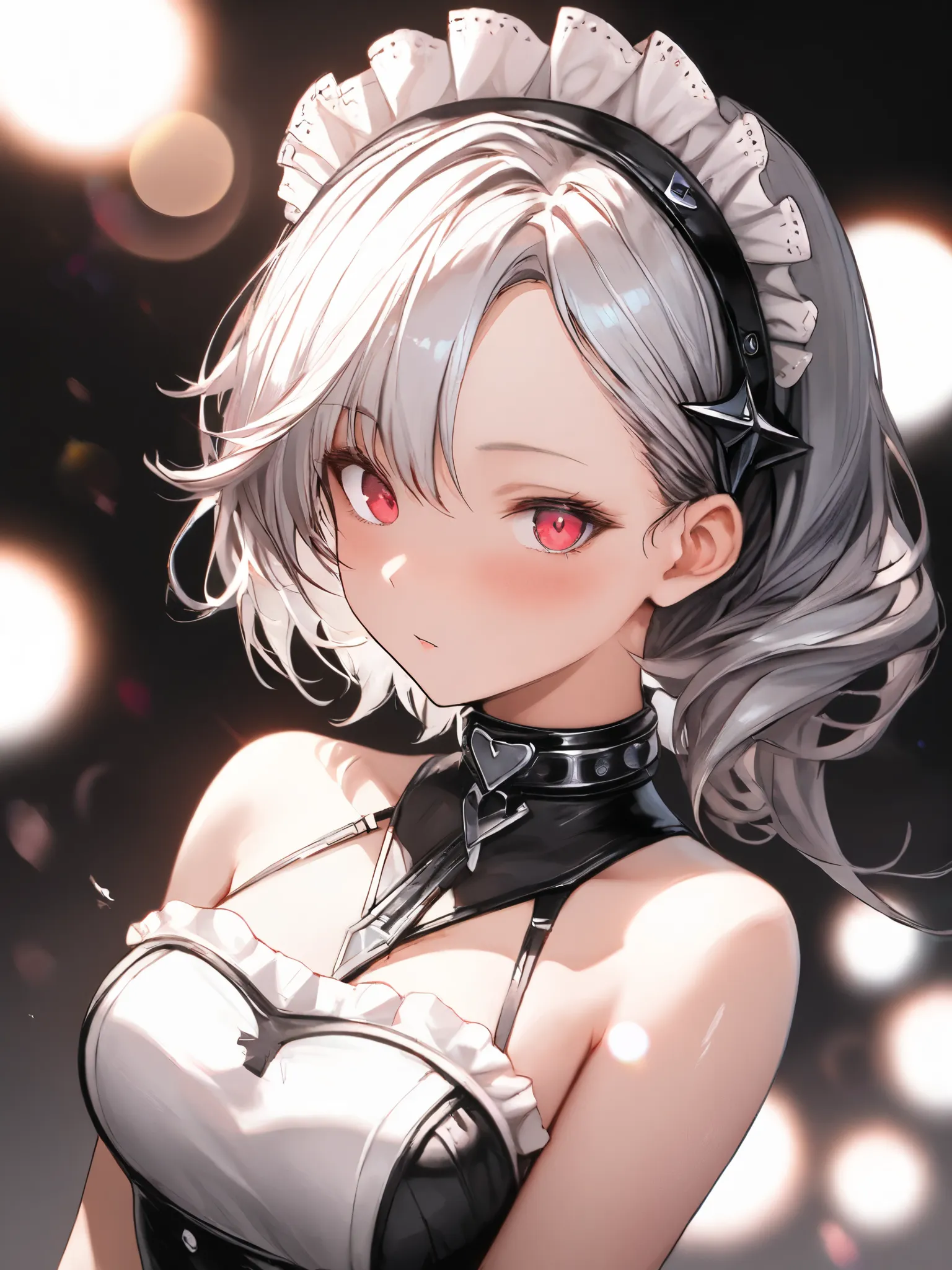 (French-maid:1.3),   cute girl, Midnight Palace, Add inner color to silver hair, head band, (Ultra High Definition:1.1) , (High Resolution:1.1), upper body, Lens Flare, Background blur, NSFW,