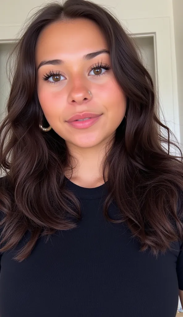 "A young digital influencer named Maya Vasquez, with long hair, curly and dark, loose and well-defined. Her skin is golden brown , with natural makeup that highlights her expressive eyes and pink lips. She wears a basic black or white blouse, conveying a c...