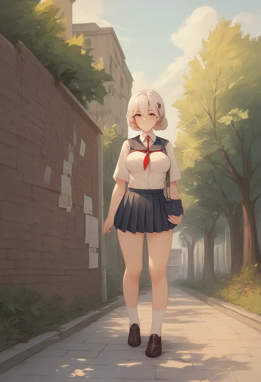 Nagara(azur lane),(Origin),school_uniform,a girl,Alone , outdoor, looking at the spectator,, ,masterpiece, mini skirt, ultra detailed,  illustration,