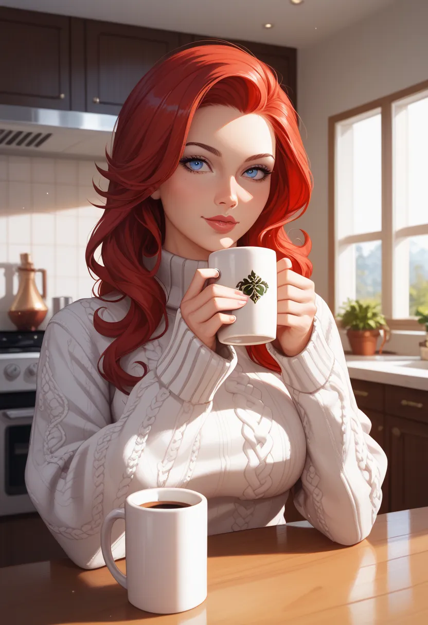 closeup, portrait, LeannaDecker, ((wearing sweater)), inside, portrait, kitchen, holding coffee mug, winter fire, eyes open, best quality, upper body, by lee jeffries nikon d850 film stock photograph 4 kodak 400 camera f1.6 lens rich colors hyper realistic...