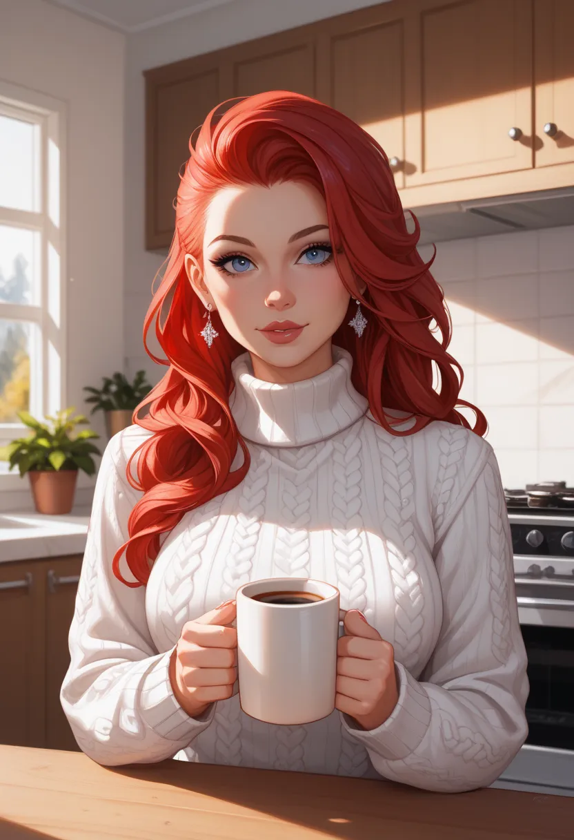 closeup, portrait, LeannaDecker, ((wearing sweater)), inside, portrait, kitchen, holding coffee mug, winter fire, eyes open, best quality, upper body, by lee jeffries nikon d850 film stock photograph 4 kodak 400 camera f1.6 lens rich colors hyper realistic...