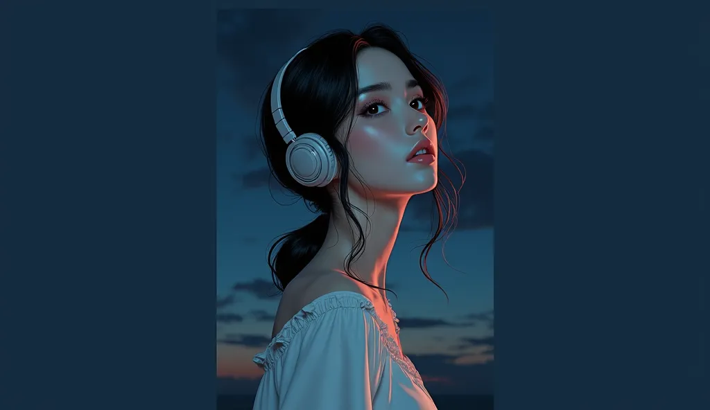 Profile of a woman wearing anime-style headphones, long hair, evening sky