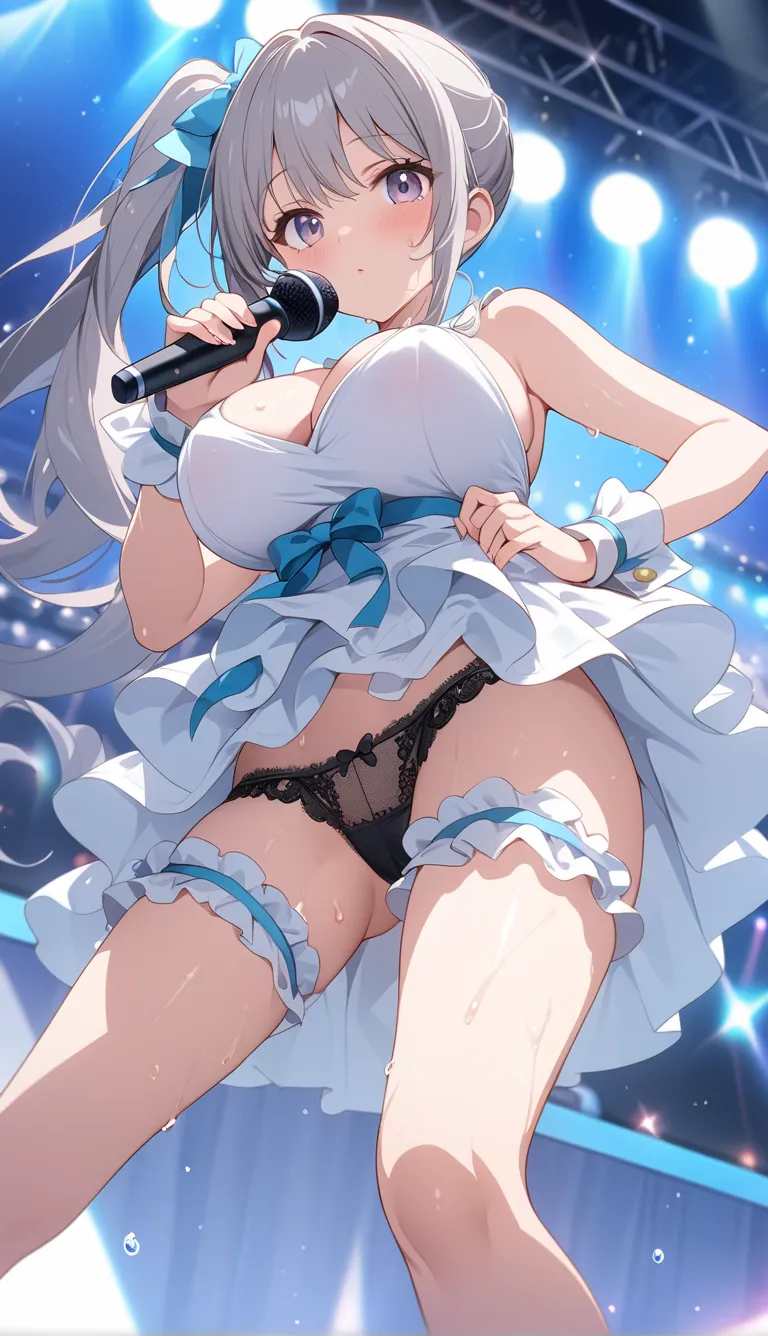 （side ponytail hair:1.1） Shiny Skin,Delicate Description,Depiction of light,The feel of wet skin 、  white dress , bridal garter , rip bare shoulders ,  wrist cuffs , ruffled dress ,Sweat droplets、Black Lace Underwear、髪の毛の非常にDelicate Description 、 stage、ido...