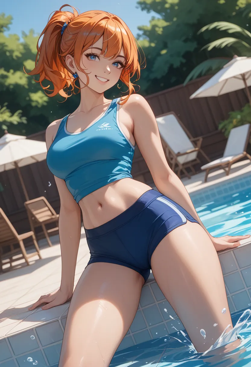 Masterpiece、bestquality、8k、dutch angle、 1 woman、 orange hair、 short ponytail 、 Pool Side、 Blue Tank Top 、Blue boxer briefs、smile、 splashes 、belly button、 thighs