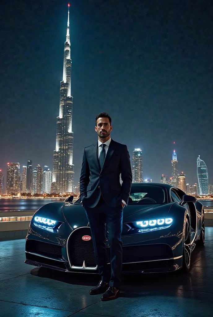 Photo of a successful businessman next to a Bugatti car and the beautiful view of the Burj Khalifa at night