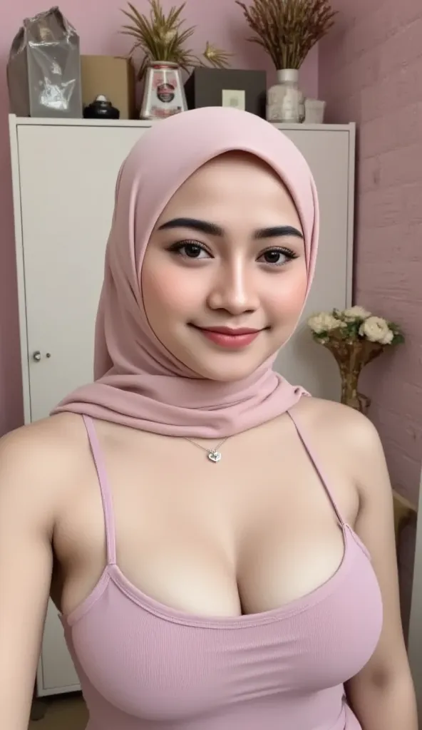 This photo features a woman in a matching pink hijab. She wore a short transparent dress over a tight thigh to a sexy pink thigh with spaghetti straps.  Her face displays a soft expression with a slight smile ,  and she wears a small necklace with a heart-...