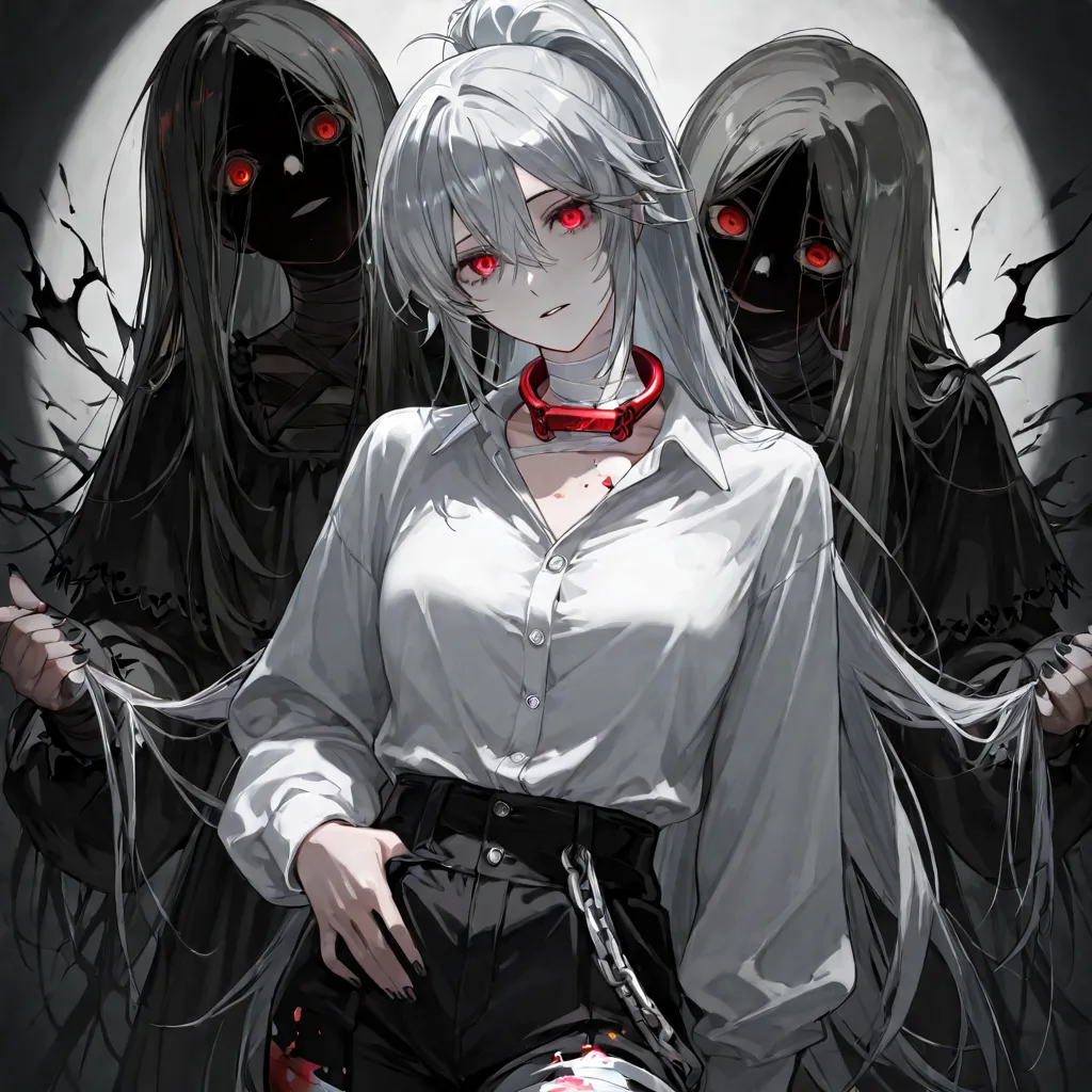 woman wearing pure white button ups, bloody bandaged pants,  with chains wrapped around her neck , Black shadows all around, long white ponytail hair, long black nails , slender, tilt your head, creepy, Gray Hair,red eyes,