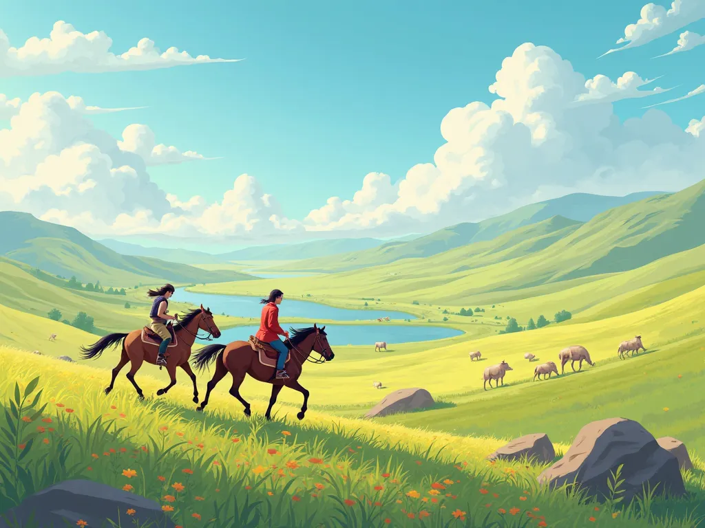 In early summer, the Xinjiang grasslands are picturesque with horseback riding, sunshine, green grasslands, rivers, and herds of cattle, sheep, horses, and camels. The design is fresh and natural, with simple and clear design, IP images, advanced natural c...