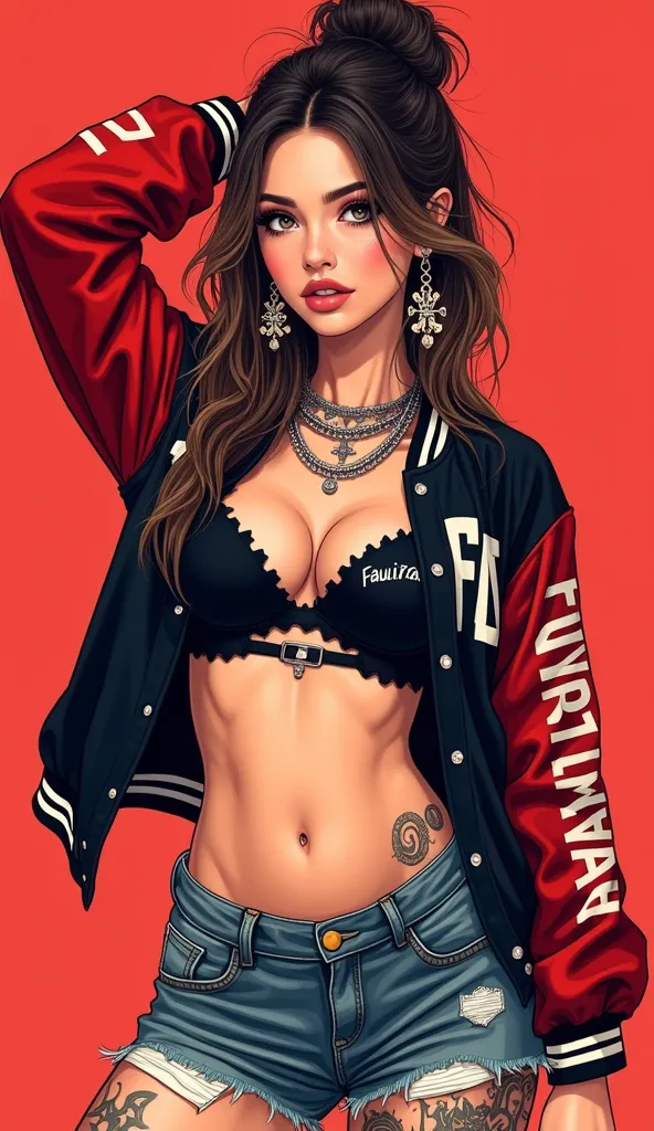 This image features an illustration of a modern and fashionable young woman on a red background. She has wavy long hair tied up partially, with dark to light brown gradations.  Her eyes were large and expressive , with makeup that accentuates her slightly ...