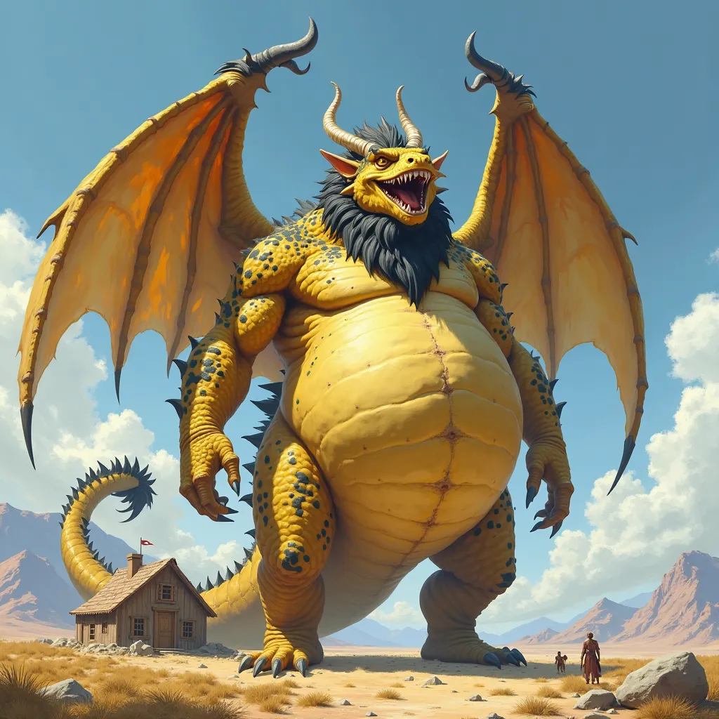  Create a muscular and stout huge male dragon fat belly Eats 1000000t a man who keeps his front and hind legs on the ground,  body chunky and huge and bright yellow .  His wings cast a shadow over his shoulders and his back . Beard ,  Side beard and mane s...