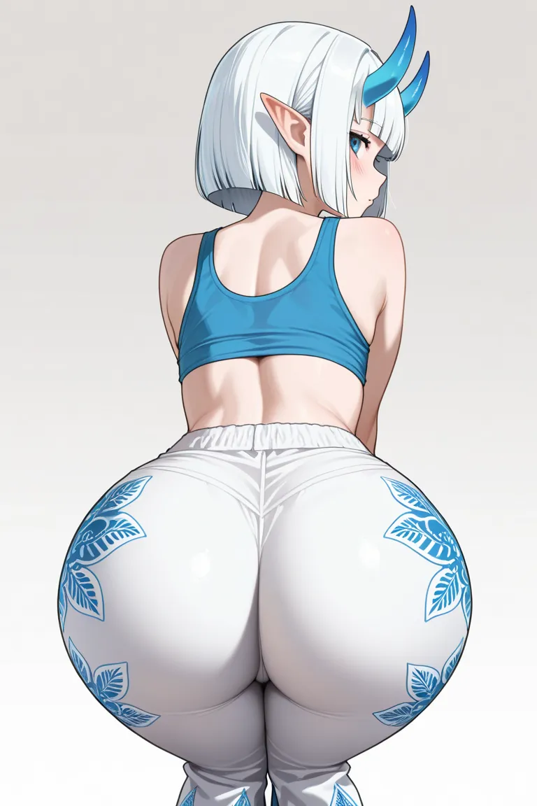 masterpiece,best quality,amazing quality, absurdres, elf , pointy ears, white hair, short hair, blue horns, hime cut,blue eyes, Blunt bob, 1girl, alternate costume, ass, ass focus, bare shoulders, bell-bottoms, blue tank top, blush,  white pants,  huge ass...