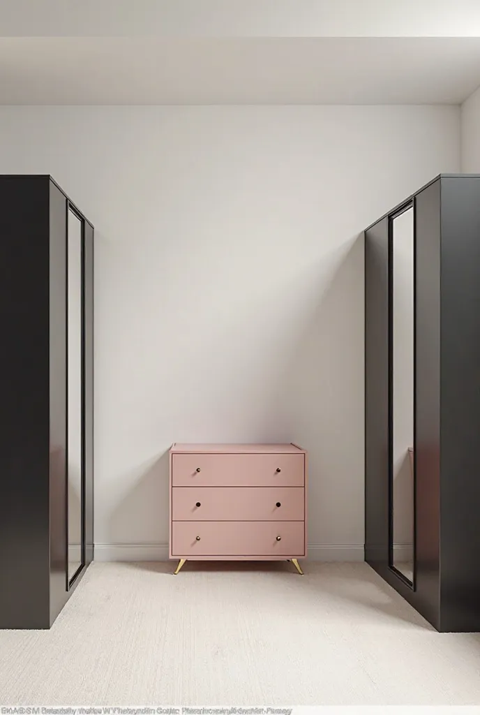 A bedroom with white walls and two wardrobes, black closets facing each other and a rosé chest in the middle of them.