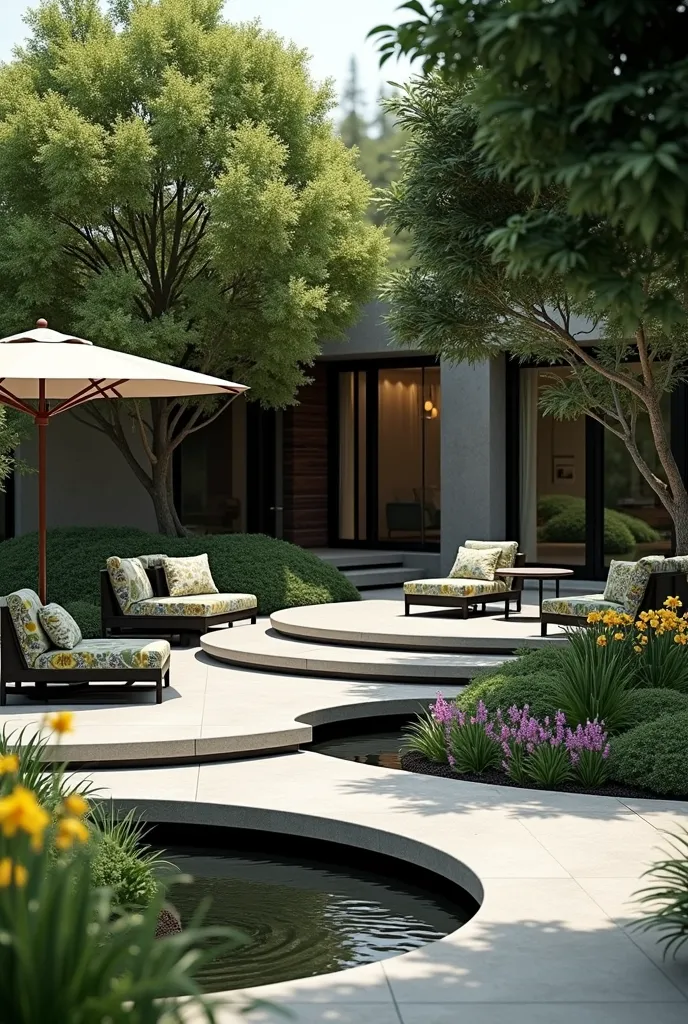 Architectural professional 3D rendering of the plan design of a large and very modern and minimalist and luxurious garden. In this garden there are various spaces, all of which are designed in a modern and minimal style . The first space is a stone circle ...