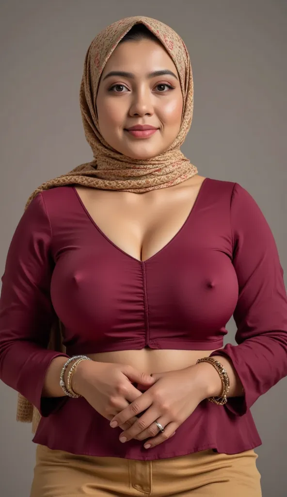 muslim chubby female  blouse standing, head cover with hijab 