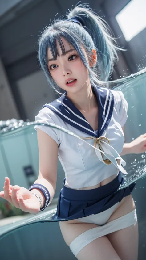 ( partially submerged :1)、(Taken at an angle from below:2)、(looks at the camera:1),1 girl,(A slightly blushing face that looks embarrassed, ponytail hair, beautiful shiny light blue hair :1.6),silver mesh,(beautiful legs:1),(赤いsailor suit:2),(navy blue ski...